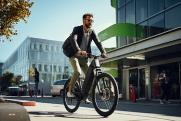 Hombre blanco montado en bicicleta eléctrica en una ciudad con luz de día (mediodía) - obrazy, fototapety, plakaty