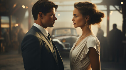 Hombre y mujer vestidos con elegantes traje gris y vestido blanco mirándose intensamente a los ojos. Estilo años 20, con un elegante coche antiguo de fondo. 