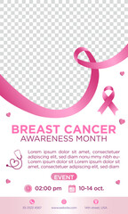 cartel plantilla del D&iacute;a Internacional de lucha contra el C&aacute;ncer de mama, con list&oacute;n rosa, marco para fotograf&iacute;a