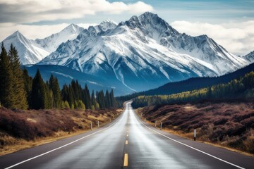 Fototapeta premium A Realistic View of a Scenic Road Leading Toward Majestic Snowy Mountains