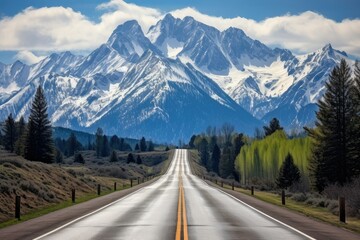 Fototapeta premium A Realistic View of a Scenic Road Leading Toward Majestic Snowy Mountains