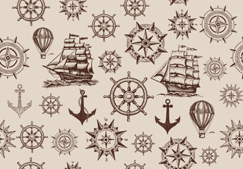 Vintage sailing yachts, anchor, wind rose, ship steering wheel, vector.	
