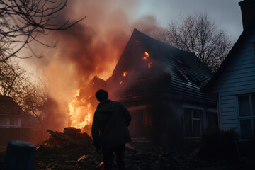Silueta de una persona viendo su casa arder - obrazy, fototapety, plakaty