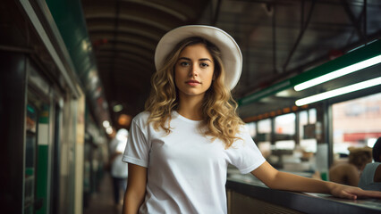 woman with a white hat and a white t-shirt with copy space as a mock up for advertising