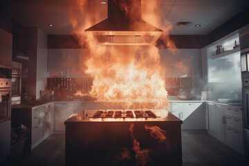 Cocina de un hogar en llamas - obrazy, fototapety, plakaty