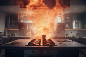 Cocina de un hogar en llamas - obrazy, fototapety, plakaty