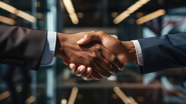 Dos personas racionalizadas de negocios estrechando la mano vestidas de traje gris con camisa blanca en unas oficinas.