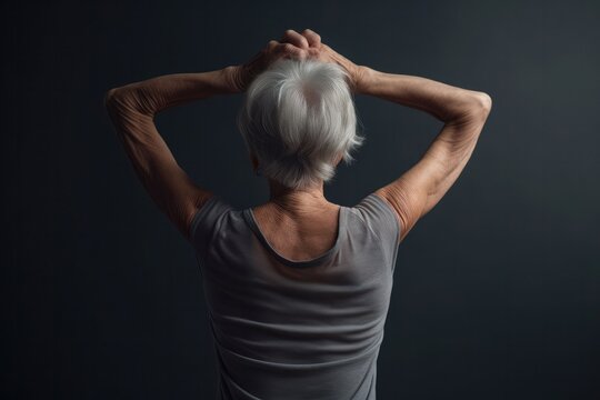 Senior Grey-haired Woman Does Yoga Standing Backwards Looking Away With Arms Up. Rear View Senior Woman Showing Back, Posing On Black Background