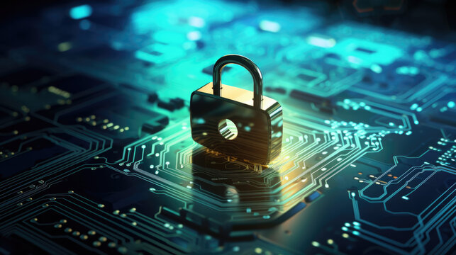 Candado dorado sobre cpu. concepto ciberseguridad y protecci&oacute;n de datos.