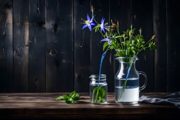 On a wooden table, there are columbines in a plastic jug.