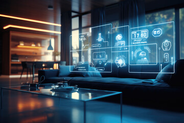 Un salón moderno en una casa inteligente con interfaces holográficas y tecnología avanzada centrada en la ciberseguridad y la automatización del hogar.
