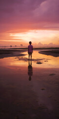 Fototapeta premium Boy stands in the sea at low tide and enjoys the sunset