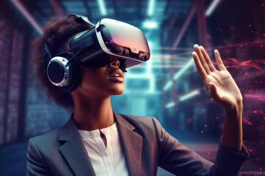 Mujer joven negra con pelo afro con gafas de realidad virtual o realidad aumentada, en un entorno futurista.