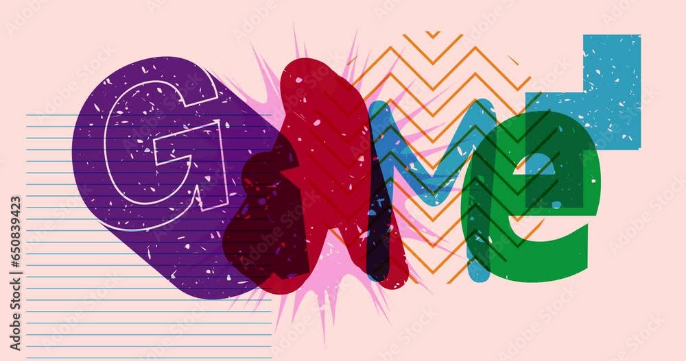Poster risograph game word with geometric shapes animation. moving object in trendy riso graph design.