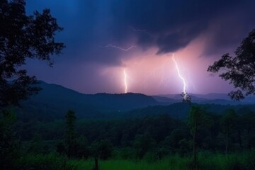 Naklejka na ściany i meble Lightning thunderstorm flash over the night sky in rainforest. Concept of tropic weather, cataclysms (hurricane, Typhoon, tornado, storm).Electrical storm on the amazon rainforest
