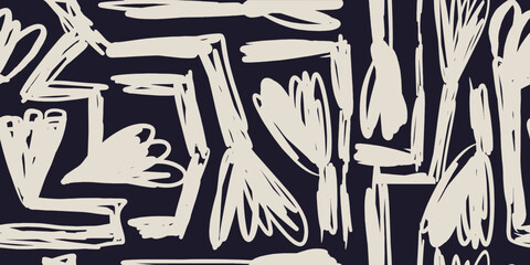 Abstract collage art seamless pattern with black and white floral doodles. Organic flat cartoon background, simple random shapes in monochrome color.