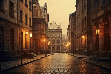 Historical cityscape with cobblestone streets