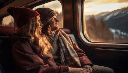 Photo of a couple enjoying the view from a train window - obrazy, fototapety, plakaty