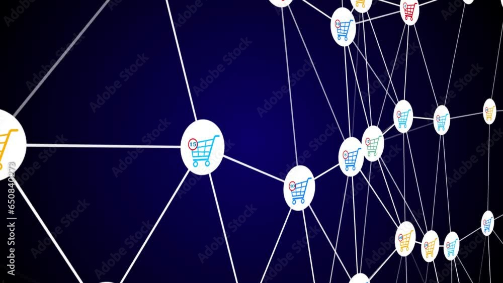 Poster animation of shopping cart icon with counter added online commodity on shopping web page.