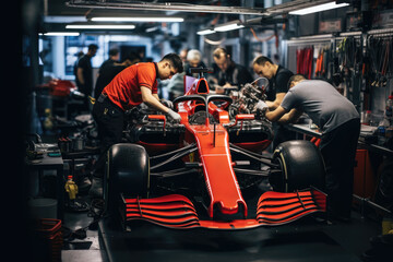 Formula 1 car in the pit lane surrounded by mechanics and engineers - obrazy, fototapety, plakaty