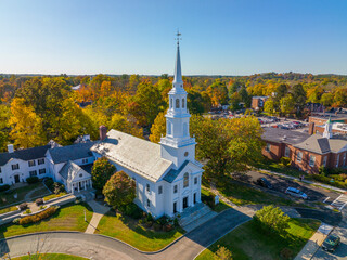 Trinitarian Congregational Church aerial view at 54 Walden Street in fall with fall foliage in...