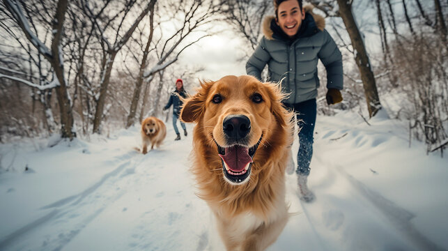 Family Happy Walking Golden Retriever Dog Winter Forest Snow Outdoors Active Christmas Holidays