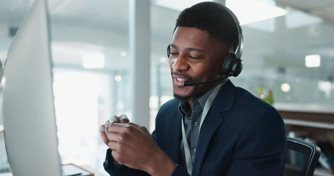 Computer, call center and happy black man talking, crm and technical support at help desk. Communication, customer service and sales agent consulting, telemarketing advisory and speaking to contact