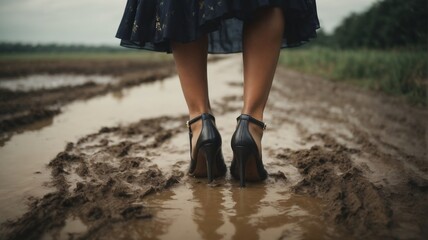 close up heeled shoes woman walking in mud.  Overcoming obstacles, reacting to defeats.  Never give up.  Power of women.  Female emancipation. AI generative.  - obrazy, fototapety, plakaty