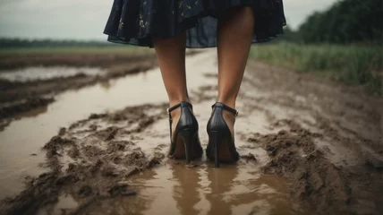 Foto op Canvas close up heeled shoes woman walking in mud.  Overcoming obstacles, reacting to defeats.  Never give up.  Power of women.  Female emancipation. AI generative.  © DavidArt