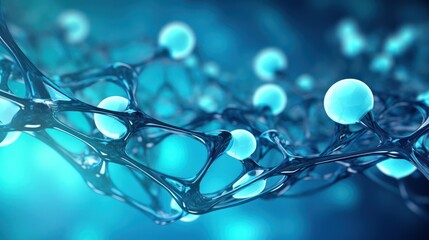 3d atom molecules chained together floating against blue background, generative ai