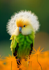Fantasy green parrot with a dandelion on its head. Illustration. Created with generative ai technology.. - 650841817