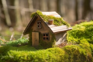Fototapeta na wymiar Wooden house places on grass in green the park, Home residents and environment ecology concept. A miniature figure of a wooden well against a background of thick mosses. ecological living concept.