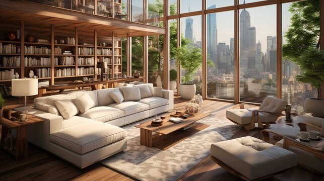 A modern interior design in a cozy apartment includes a living room with a white sofa and armchairs, creating a bright and welcoming room with a big window