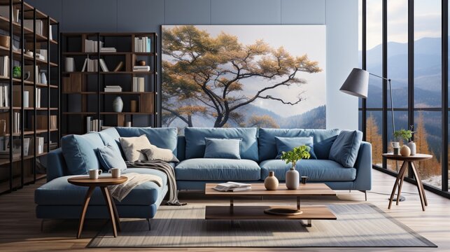 A modern living room interior design with a blue corner sofa, coffee tables, and a floor lamp creates a cozy atmosphere for relaxation It adds to the appeal of the home interior