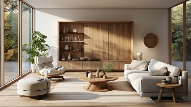 A modern living room interior features a door and armchairs, creating a welcoming and comfortable space