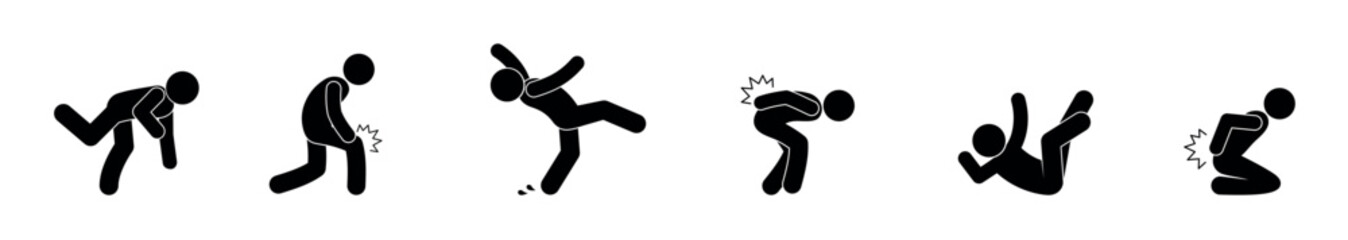 fall and injury illustration, stick figure man icon, isolated pictogram people