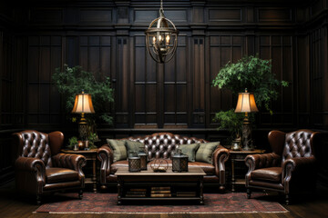 Elegant country living room with classic paneling. Furnished with 2 classic table lamps, comfortable leather chairs, sofa and a beautiful Persian carpet on the floor. Classic society club interior.