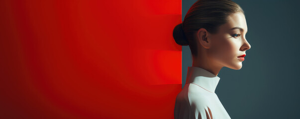 Minimalist portrait featuring a woman with bold, clean lines and contrasting colors