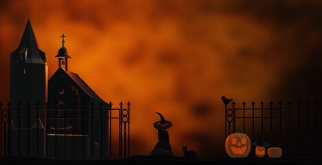 Halloween background. Spooky night scene with witch and pumpkins. 3D render illustration.