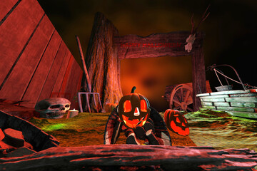 Halloween colorful background with pumpkins and skull head. 3D render illustration.