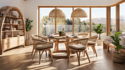 Fototapeta na wymiar A natural wood round dining table and chairs are placed on a wicker rug in the dining room, accompanied by a wooden cabinet of a Scandinavian style home interior design of the modern living room