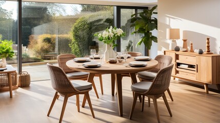 A natural wood round dining table and chairs are placed on a wicker rug in the dining room, accompanied by a wooden cabinet of a Scandinavian style home interior design of the modern living room - obrazy, fototapety, plakaty