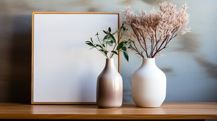 A poster frame hangs on a white wall above a wooden shelf with a vase filled with pampas grass, showcasing Scandinavian home interior design in the modern living room