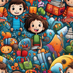 Children colorful repeat pattern, kids cartoon collage