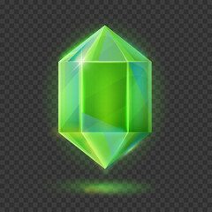 Green colored gem isolated on checkerboard background. Vector jewel illustration.