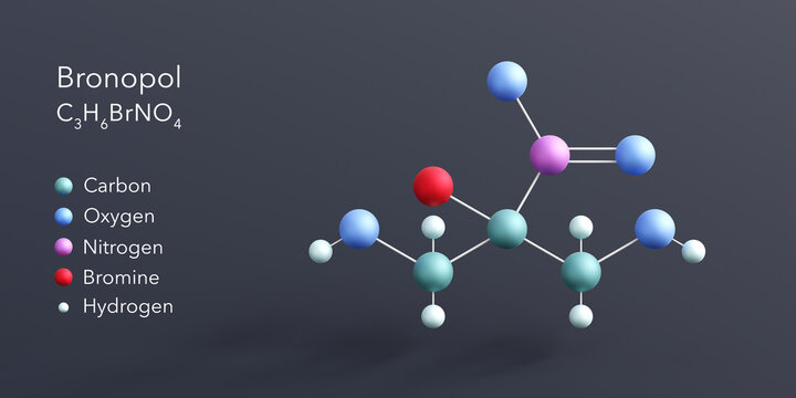 bronopol molecule 3d rendering, flat molecular structure with chemical formula and atoms color coding