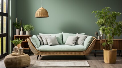 A rattan sofa with light green cushions, a wicker basket, and big plants stands against a green wall with a shelf, contributing to the Scandinavian interior design of the modern living room