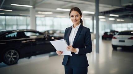 Portrait of beautiful saleswoman holding tablet and smiling at car showroom - obrazy, fototapety, plakaty