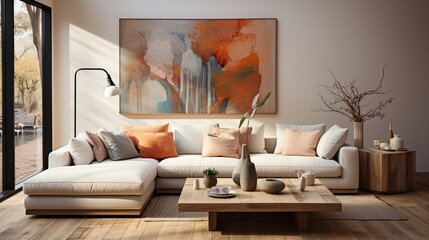 A round coffee table is positioned near a white corner sofa with terracotta cushions, near a paneling wall with an art poster, exemplifying Scandinavian home interior design in the modern living room - obrazy, fototapety, plakaty