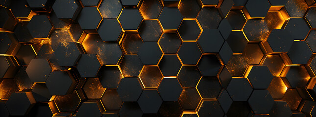 a geometric background with gold and black hexagons, in the style of rusty debris, detailed skies - obrazy, fototapety, plakaty